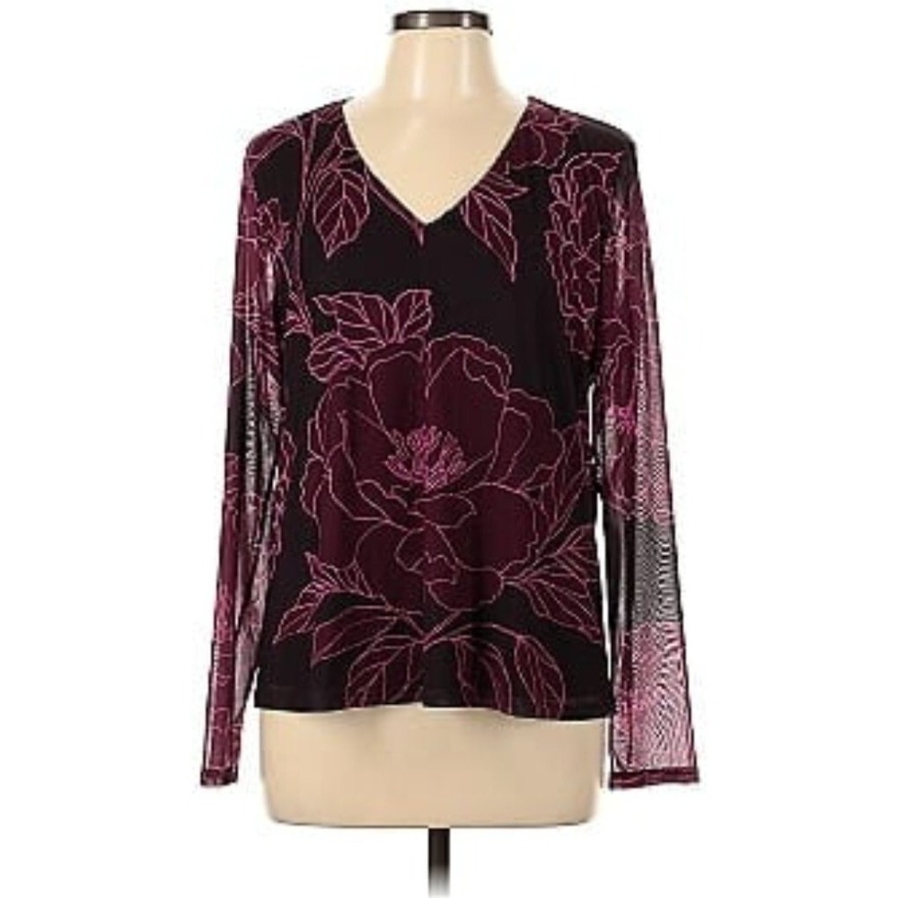 Les Serein Floral Print Mesh V Neck Long Sleeve Top Women's Size M Burgundy Pink